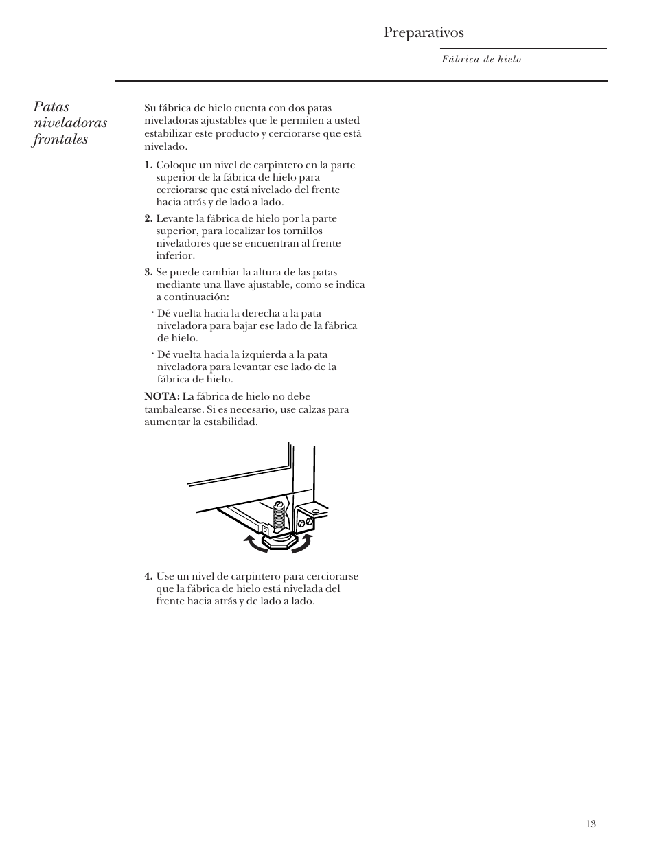 Preparativos, Patas niveladoras frontales | GE Monogram ZDIS15 User Manual | Page 41 / 46