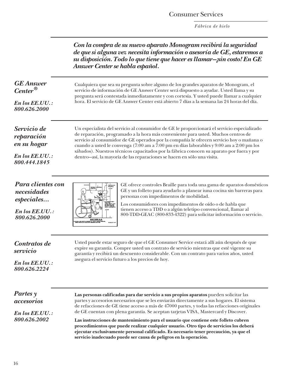 Números telefónicos importantes, Servicios a los consumidores | GE Monogram ZDIS15 User Manual | Page 44 / 46