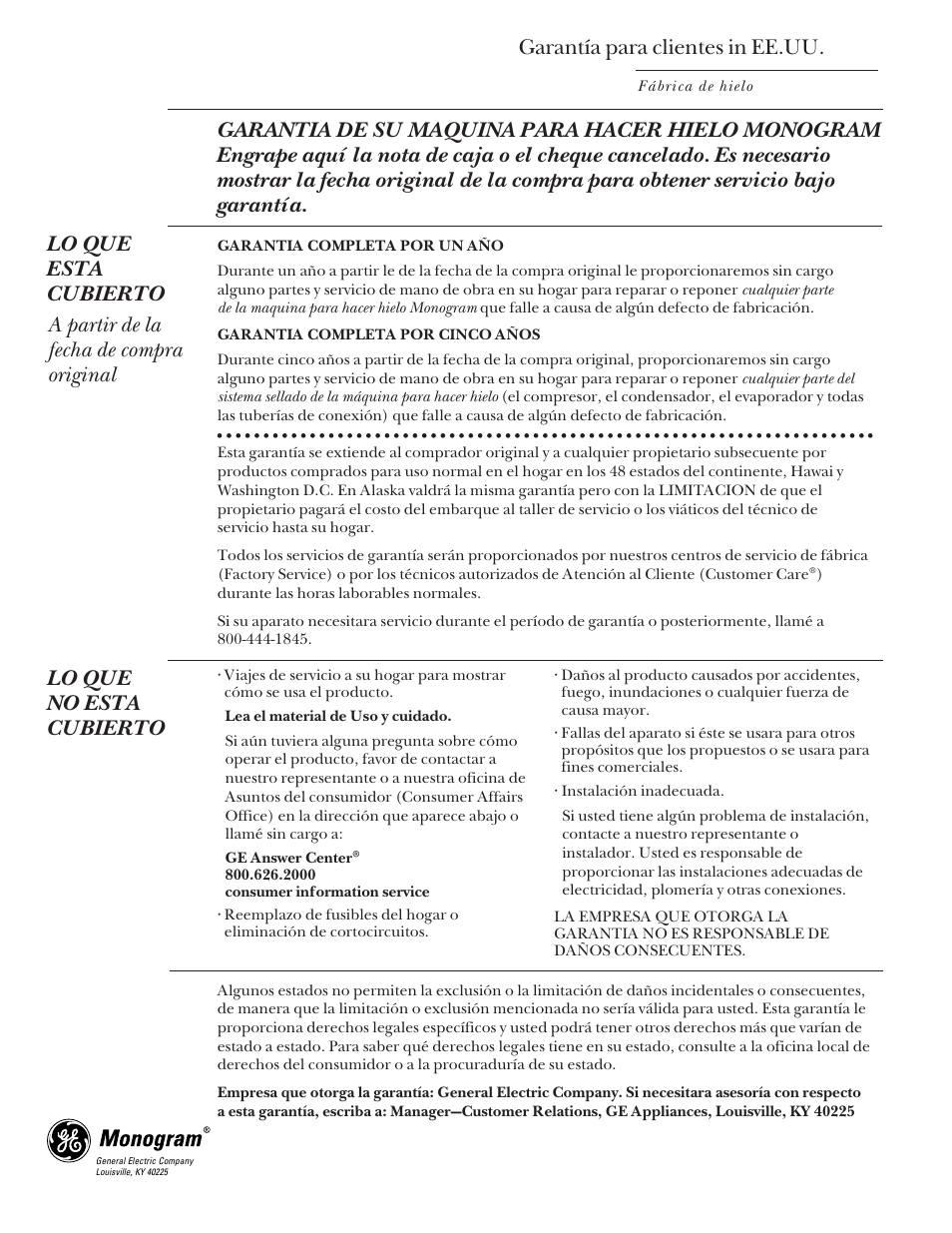 Garantía para los consumidores en los ee. uu, Registro del producto, Registro del producto , 18 | Garantía para clientes in ee.uu, Lo que no esta cubierto | GE Monogram ZDIS15 User Manual | Page 46 / 46
