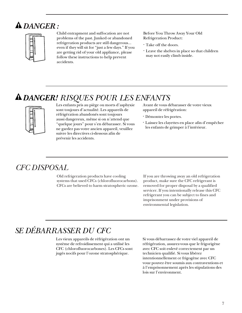 Cfc disposal, Danger: risk of child entrapment, Danger! risques pour les enfants | Se débarrasser du cfc | GE Monogram ZDIS15 User Manual | Page 7 / 46