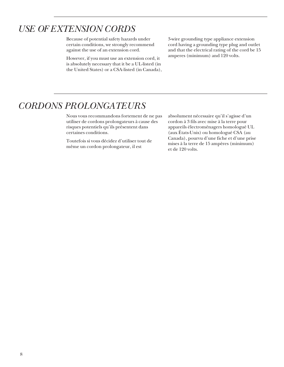 Use of extension cords, Cordons prolongateurs | GE Monogram ZDIS15 User Manual | Page 8 / 46
