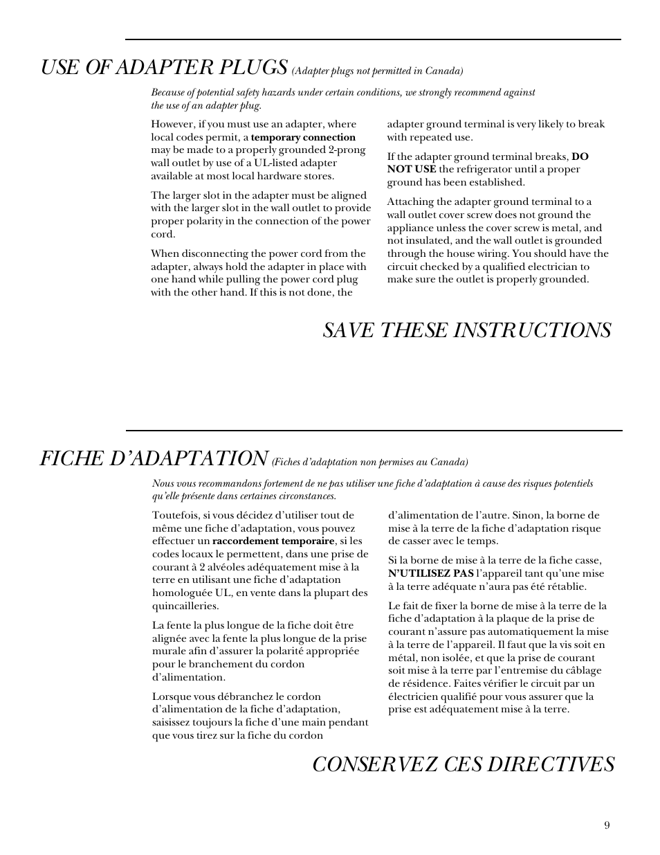 Save these instructions use of adapter plugs, Conservez ces directives fiche d’adaptation | GE Monogram ZDIS15 User Manual | Page 9 / 46