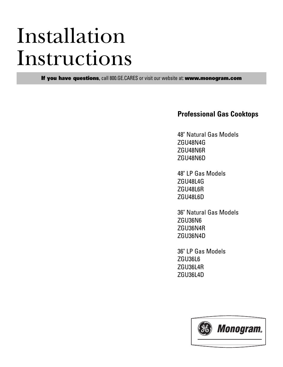 GE Monogram ZGU36N4D User Manual | 12 pages