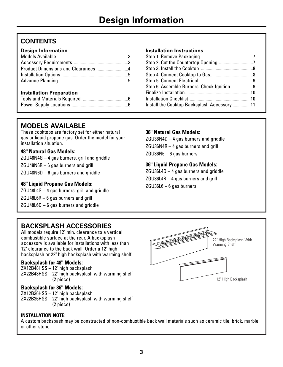 Design information, Models available, Accessory requirements | Installation preparation, Installation instructions | GE Monogram ZGU36N4D User Manual | Page 3 / 12