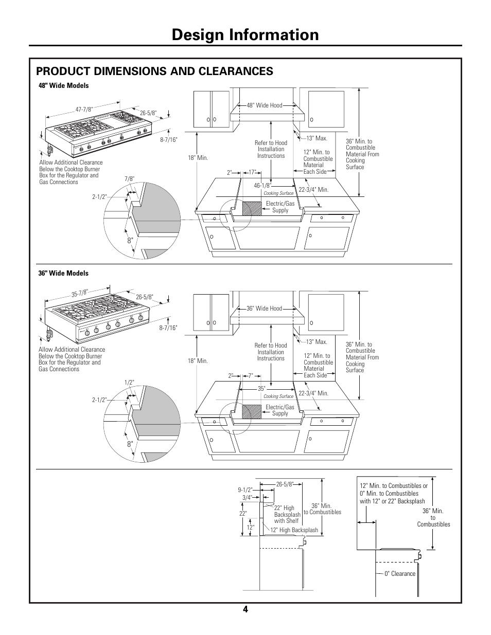 Product dimensions and clearances, Design information | GE Monogram ZGU36N4D User Manual | Page 4 / 12
