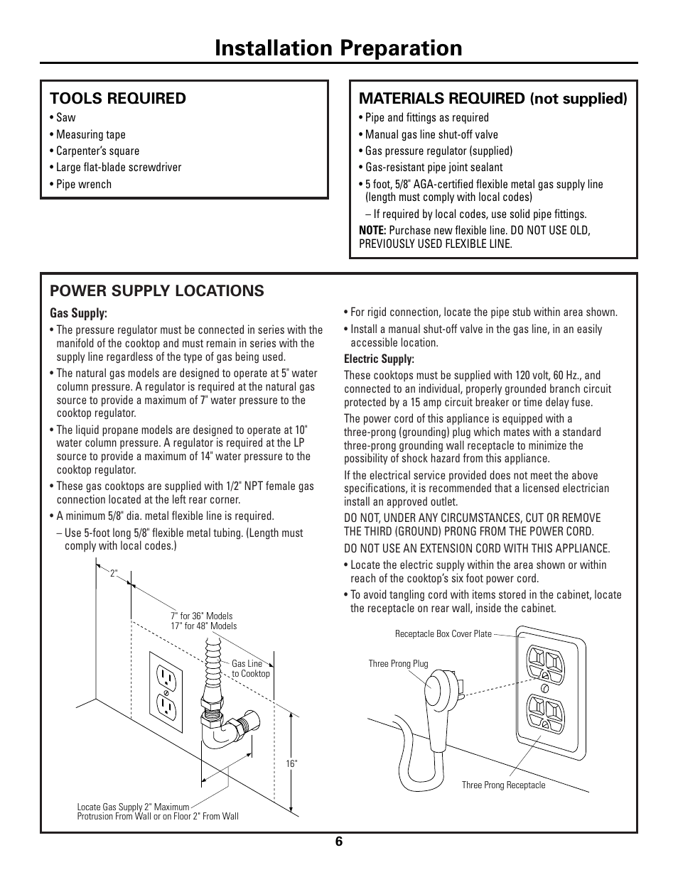 Tools and materials required, Power supply locations, Installation preparation | Tools required, Materials required (not supplied) | GE Monogram ZGU36N4D User Manual | Page 6 / 12