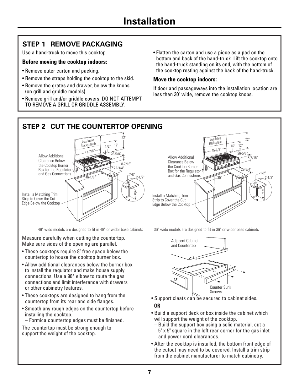 Step 1, remove packaging, Step 2, cut the countertop opening, Installation | Remove packaging, Step 1 cut the countertop opening step 2 | GE Monogram ZGU36N4D User Manual | Page 7 / 12