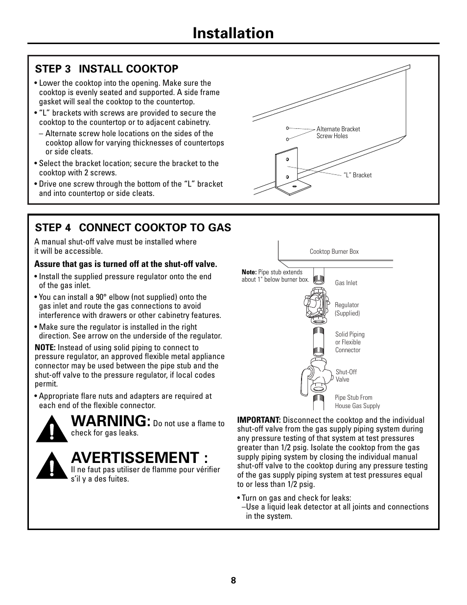 Step 3, install the cooktop, Step 4, connect cooktop to gas, Warning | Avertissement, Installation | GE Monogram ZGU36N4D User Manual | Page 8 / 12