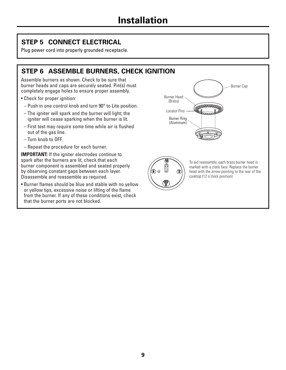 Step 5, connect electrical, Step 6, assemble burners, check ignition, Installation | Connect electrical, Step 5 assemble burners, check ignition step 6 | GE Monogram ZGU36N4D User Manual | Page 9 / 12