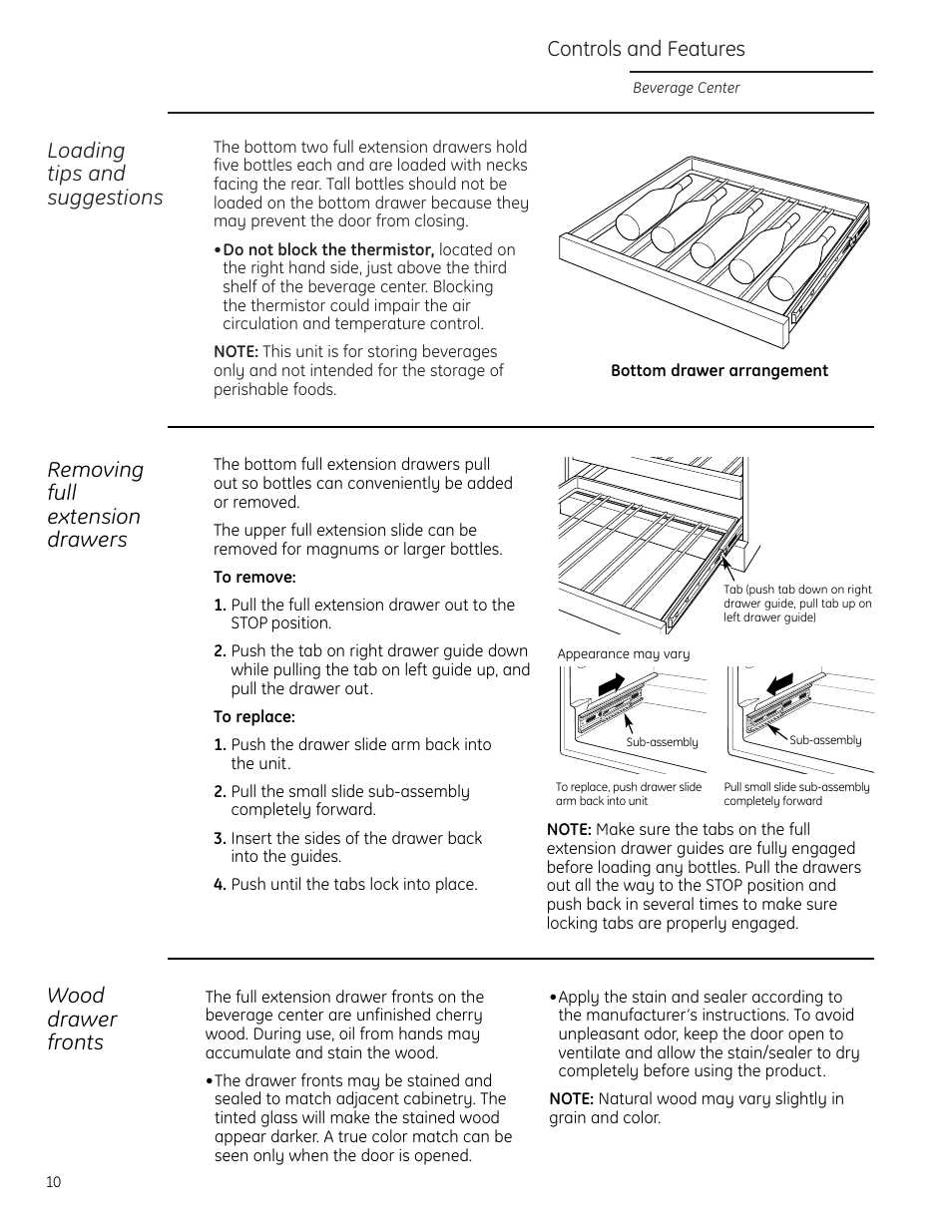 Controls and features, Loading tips and suggestions, Removing full extension drawers | Wood drawer fronts | GE Monogram ZDBT240 User Manual | Page 10 / 20