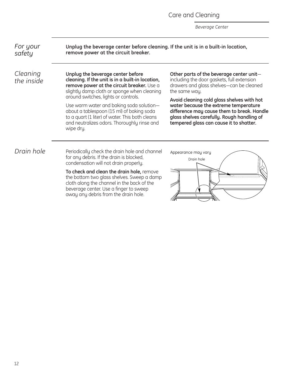 Care and cleaning, Cleaning the inside, Drain hole | For your safety | GE Monogram ZDBT240 User Manual | Page 12 / 20