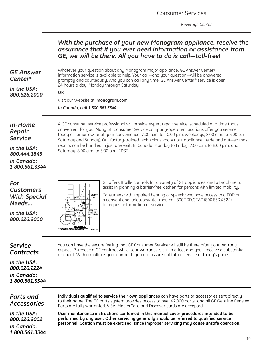 Consumer services, In-home repair service, For customers with special needs | Service contracts, Parts and accessories | GE Monogram ZDBT240 User Manual | Page 19 / 20