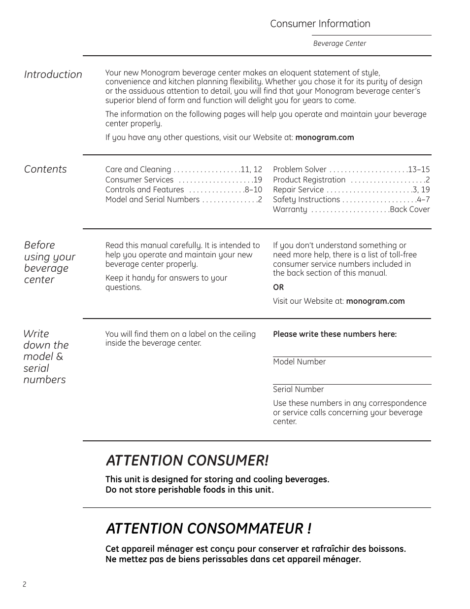 Model and serial numbers, Product registration, Attention consumer | Attention consommateur | GE Monogram ZDBT240 User Manual | Page 2 / 20