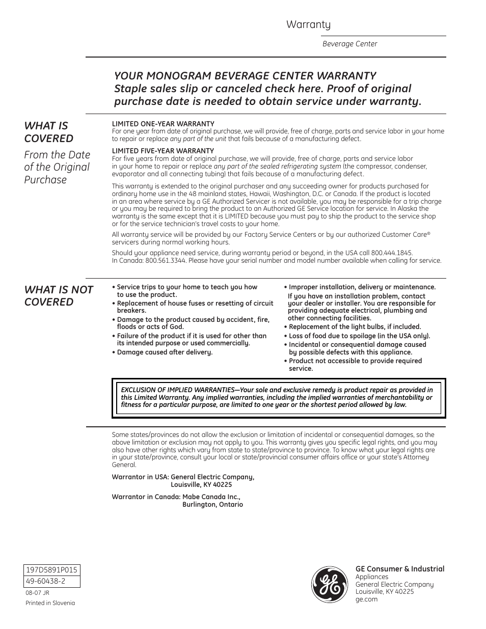 Warranty, What is not covered | GE Monogram ZDBT240 User Manual | Page 20 / 20