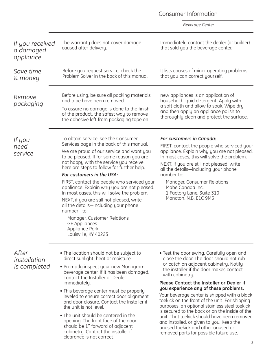 Repair service, Repair service , 19, If you received a damaged appliance | If you need service, Consumer information, After installation is completed, Remove packaging, Save time & money | GE Monogram ZDBT240 User Manual | Page 3 / 20