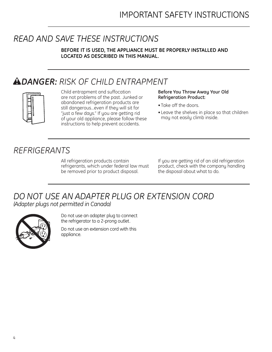 Safety instructions, Safety instructions –7, Refrigerants | W danger: risk of child entrapment, Do not use an adapter plug or extension cord | GE Monogram ZDBT240 User Manual | Page 4 / 20