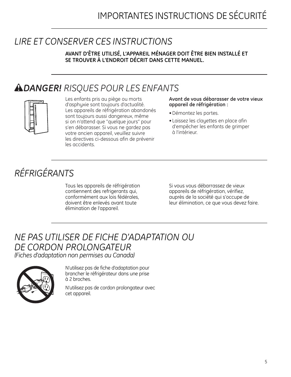 W danger! risques pour les enfants, Réfrigérants | GE Monogram ZDBT240 User Manual | Page 5 / 20