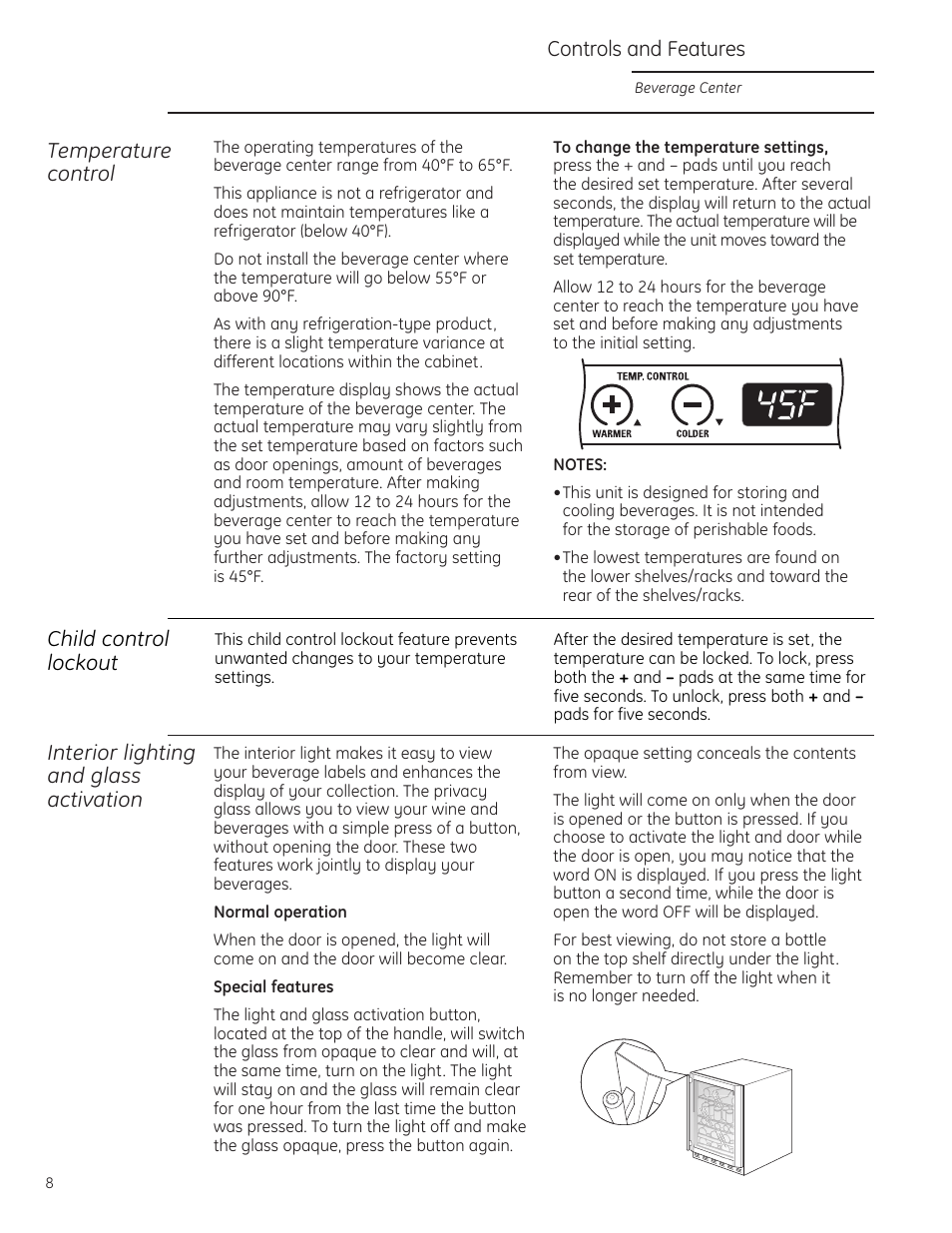 Controls and features, Controls and features –10, Interior lighting and glass activation | Temperature control, Child control lockout | GE Monogram ZDBT240 User Manual | Page 8 / 20