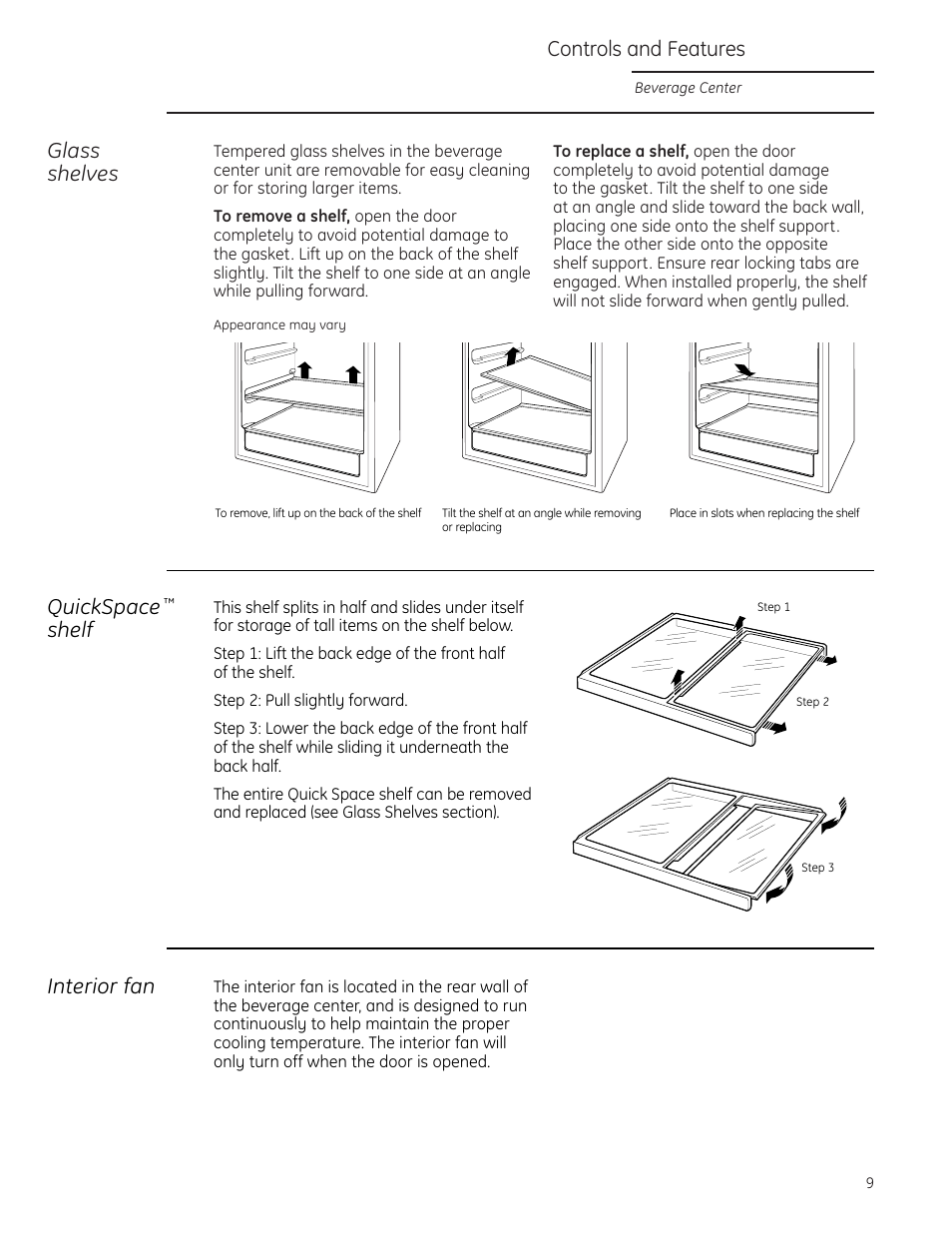 Controls and features, Glass shelves, Quickspace | Shelf, Interior fan | GE Monogram ZDBT240 User Manual | Page 9 / 20