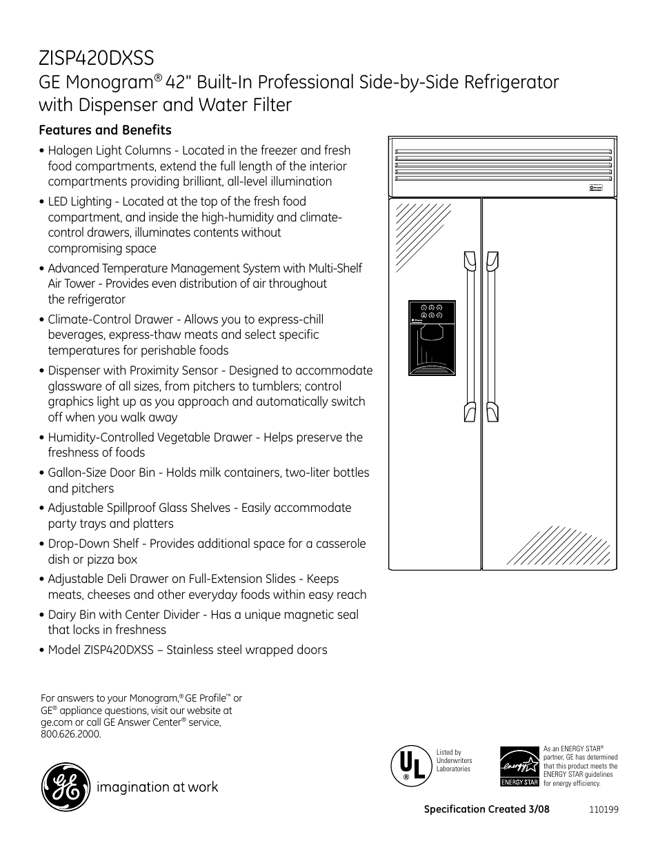Zisp420dxss, Ge monogram, Features and benefits | GE Monogram ZISP420DXSS User Manual | Page 2 / 2