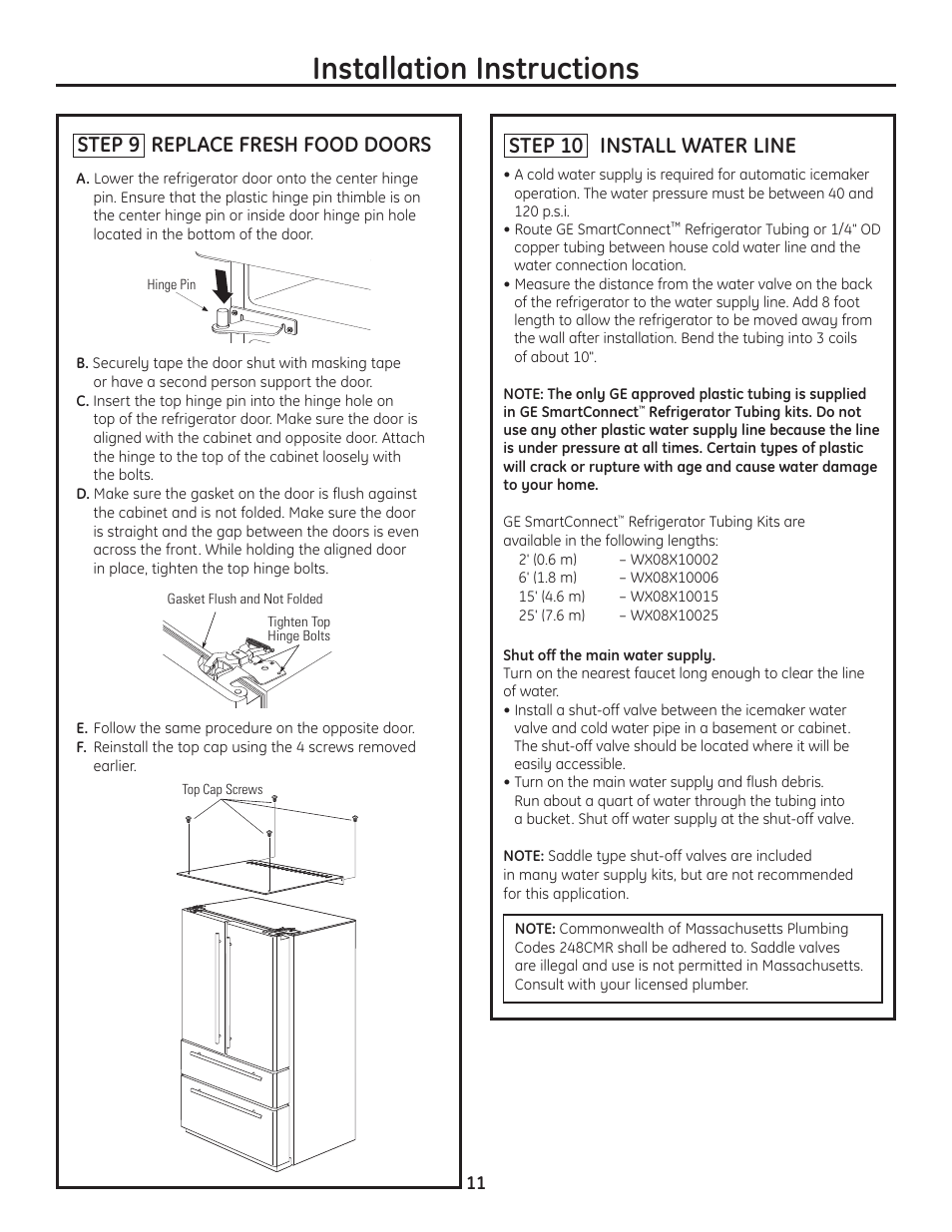 Installation instructions, Step 9 replace fresh food doors, Step 10 install water line | GE Monogram Drawer Freezer Refrigerator User Manual | Page 11 / 16