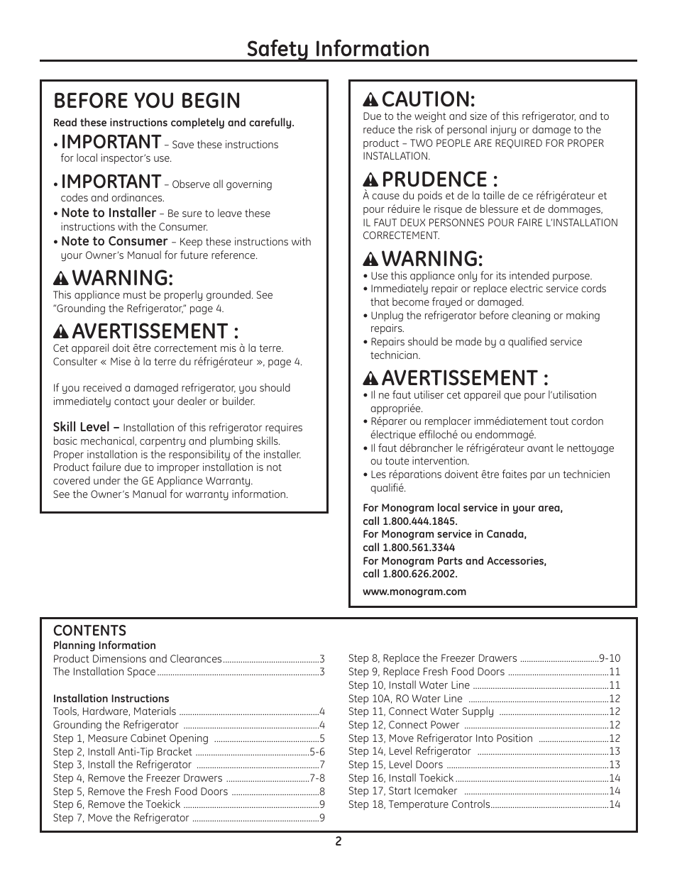 Safety information, Caution, Prudence | Warning, Avertissement, Before you begin, Important | GE Monogram Drawer Freezer Refrigerator User Manual | Page 2 / 16
