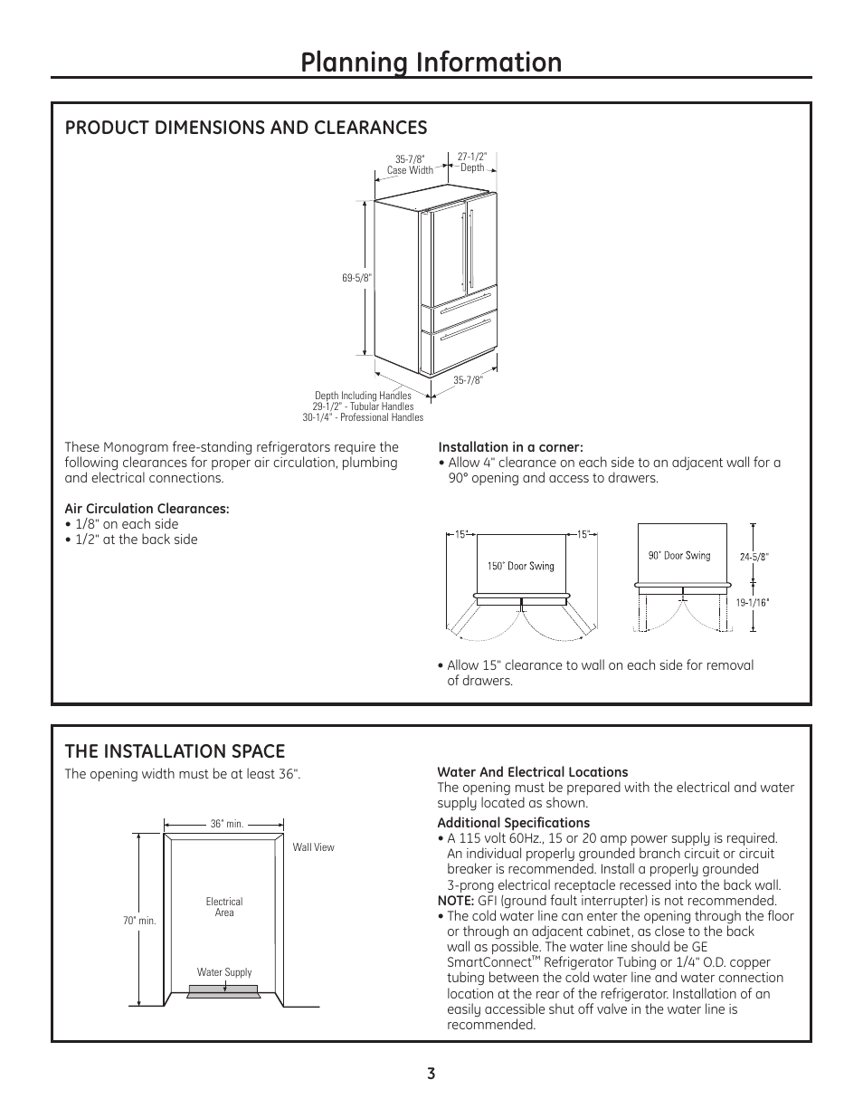 Planning information, Product dimensions and clearances, The installation space | GE Monogram Drawer Freezer Refrigerator User Manual | Page 3 / 16