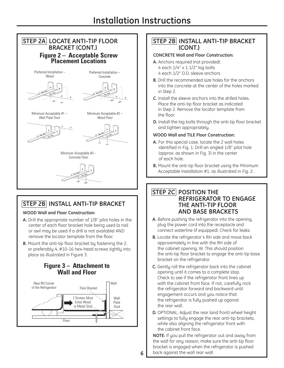 Installation instructions, Step 2b install anti-tip bracket, Step 2a locate anti-tip floor bracket (cont.) | Figure 2 – acceptable screw placement locations | GE Monogram Drawer Freezer Refrigerator User Manual | Page 6 / 16