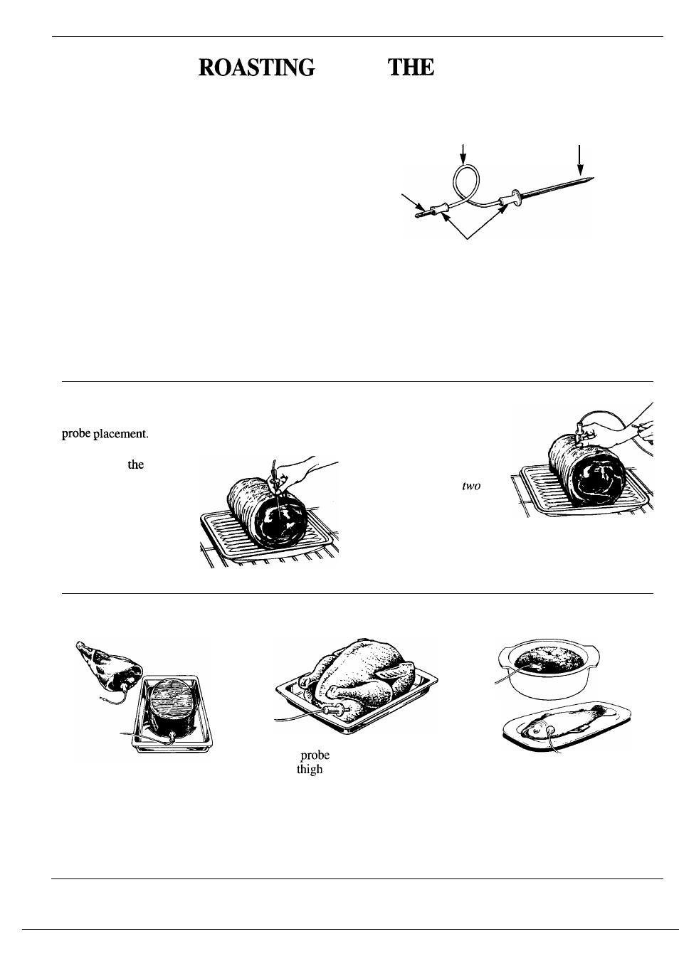 Roasting with probe, With probe, Correct placement of the temperature probe | Ham or lamb poultry casseroles or fish | GE Monogram ZEK73WP User Manual | Page 24 / 40