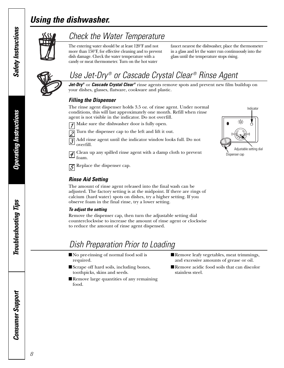 Using the dishwasher, Using the dishwasher , 9, Dish preparation prior to loading | Or cascade crystal clear, Rinse agent | GE Monogram GHDA450 User Manual | Page 8 / 16