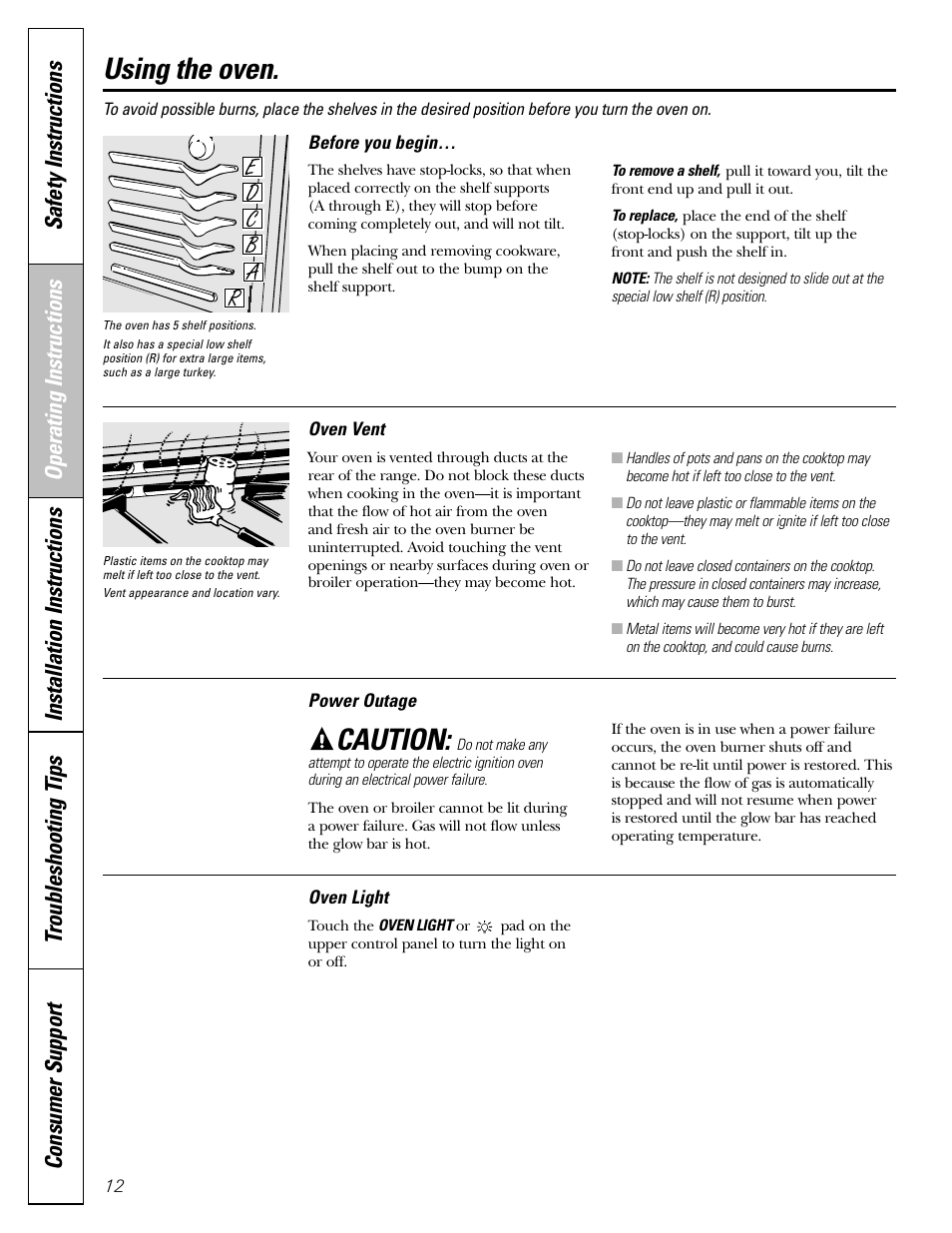 Power outage, Power outage , 16, Using the oven | Caution | GE Monogram JGBP29 User Manual | Page 12 / 56