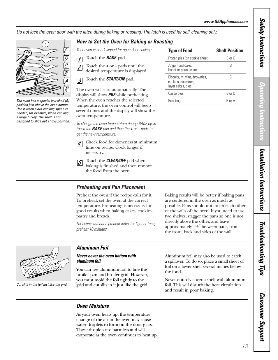 Aluminum foil, Baking and roasting, Preheating | GE Monogram JGBP29 User Manual | Page 13 / 56