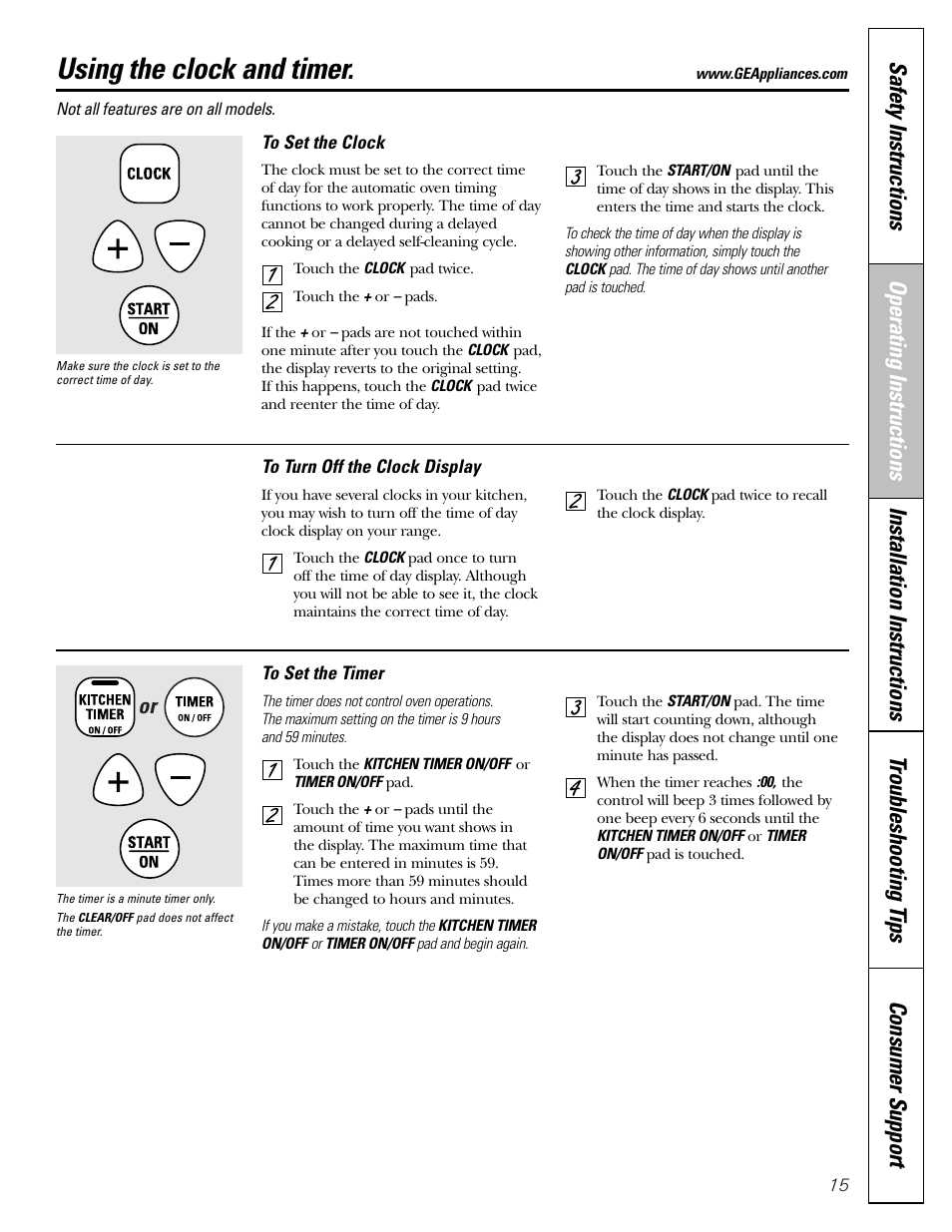 Clock and timer, Clock and timer , 16, Using the clock and timer | GE Monogram JGBP29 User Manual | Page 15 / 56