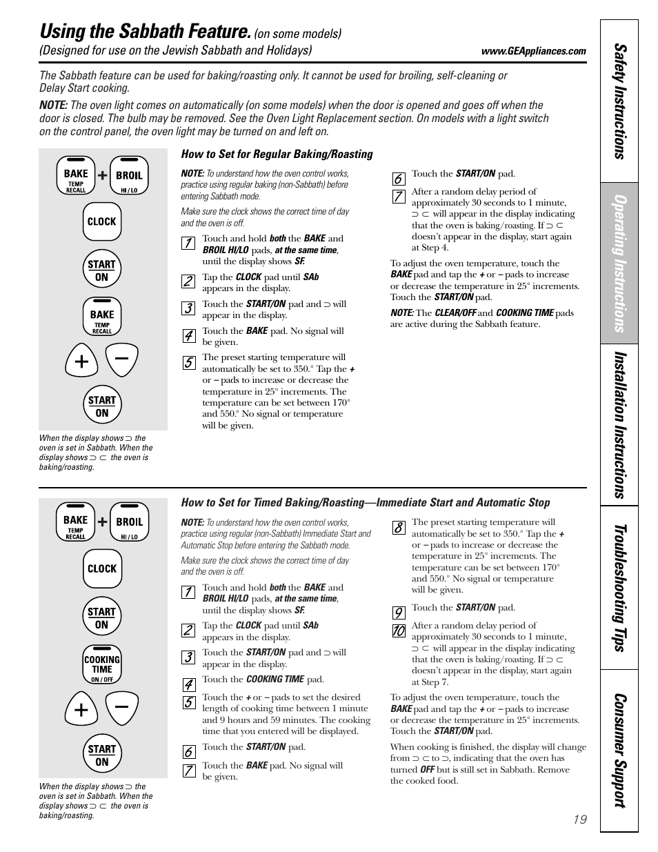 Sabbath feature, Sabbath feature , 20, Using the sabbath feature | GE Monogram JGBP29 User Manual | Page 19 / 56