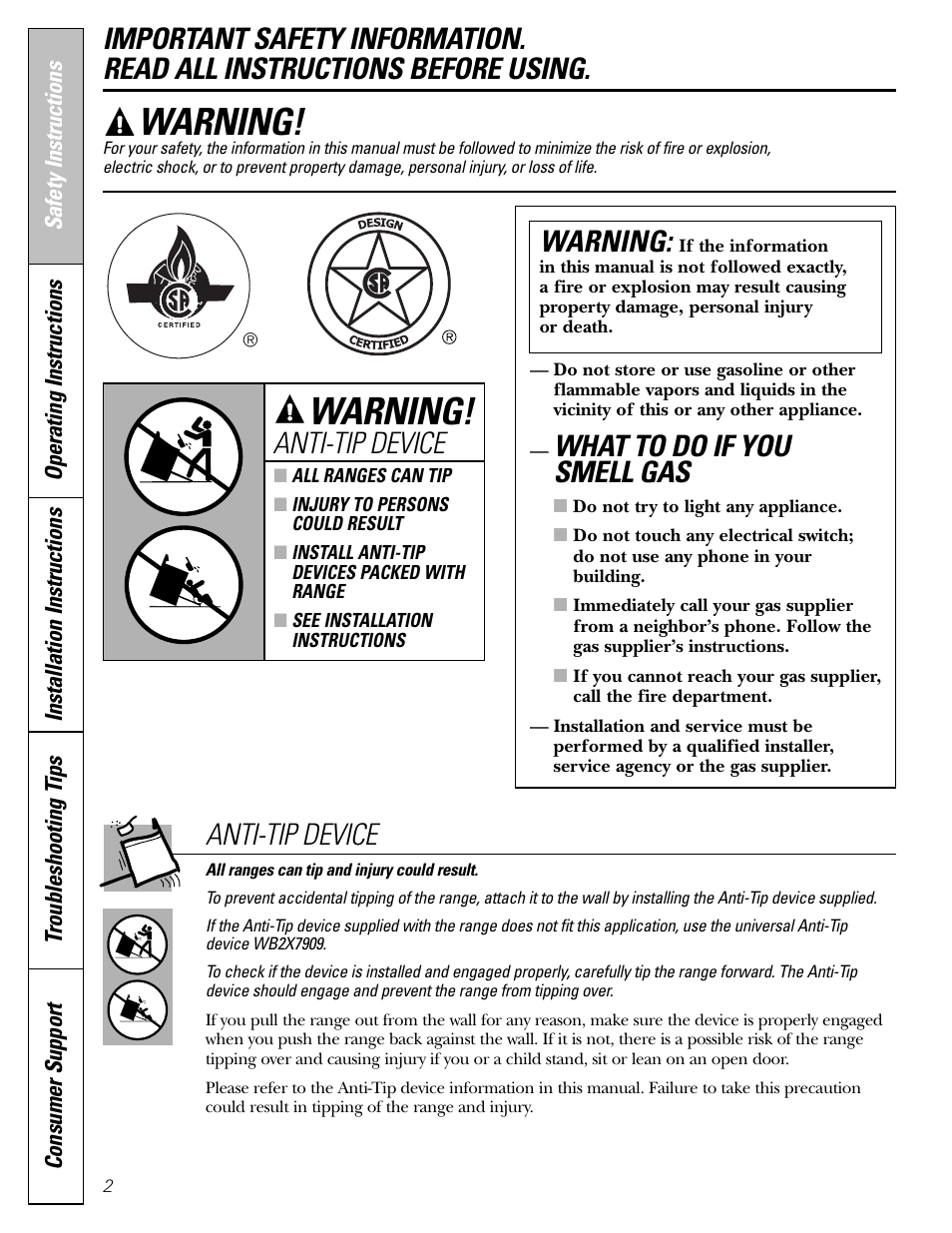 Safety instructions, What to do if you smell gas, Warning | Anti-tip device | GE Monogram JGBP29 User Manual | Page 2 / 56