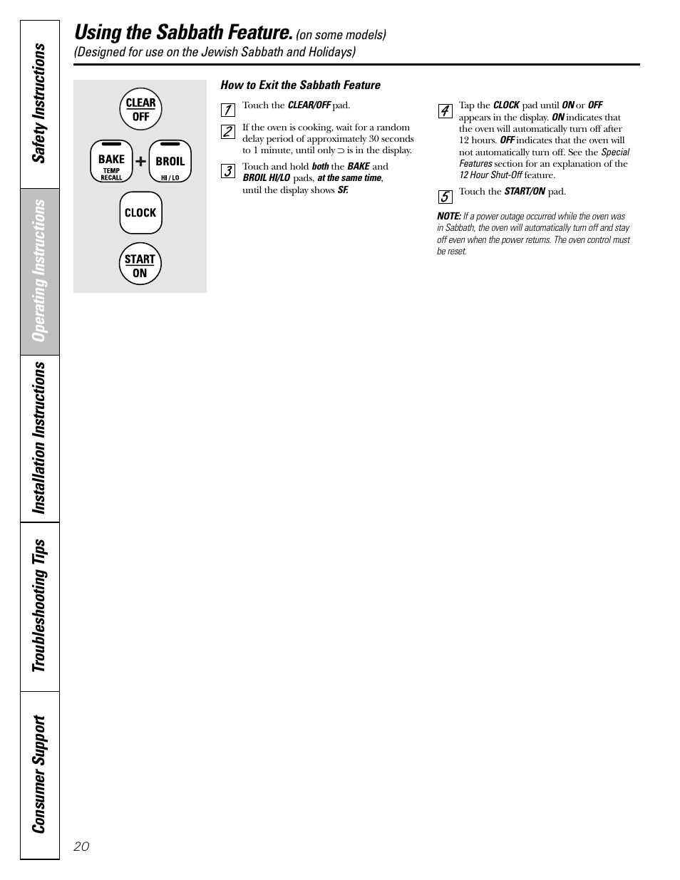 Using the sabbath feature | GE Monogram JGBP29 User Manual | Page 20 / 56