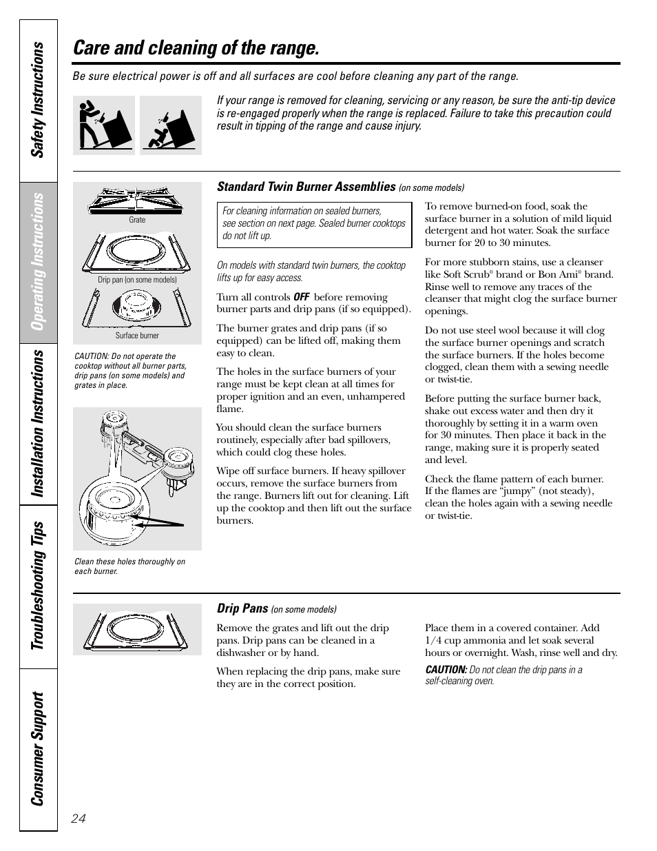 Burner assembly, Burner assembly –26, Care and cleaning of the range | GE Monogram JGBP29 User Manual | Page 24 / 56