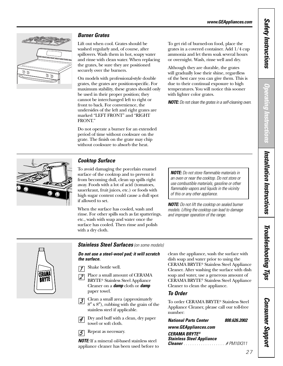 Burner grates, Cooktop surface, Stainless steel surfaces | GE Monogram JGBP29 User Manual | Page 27 / 56