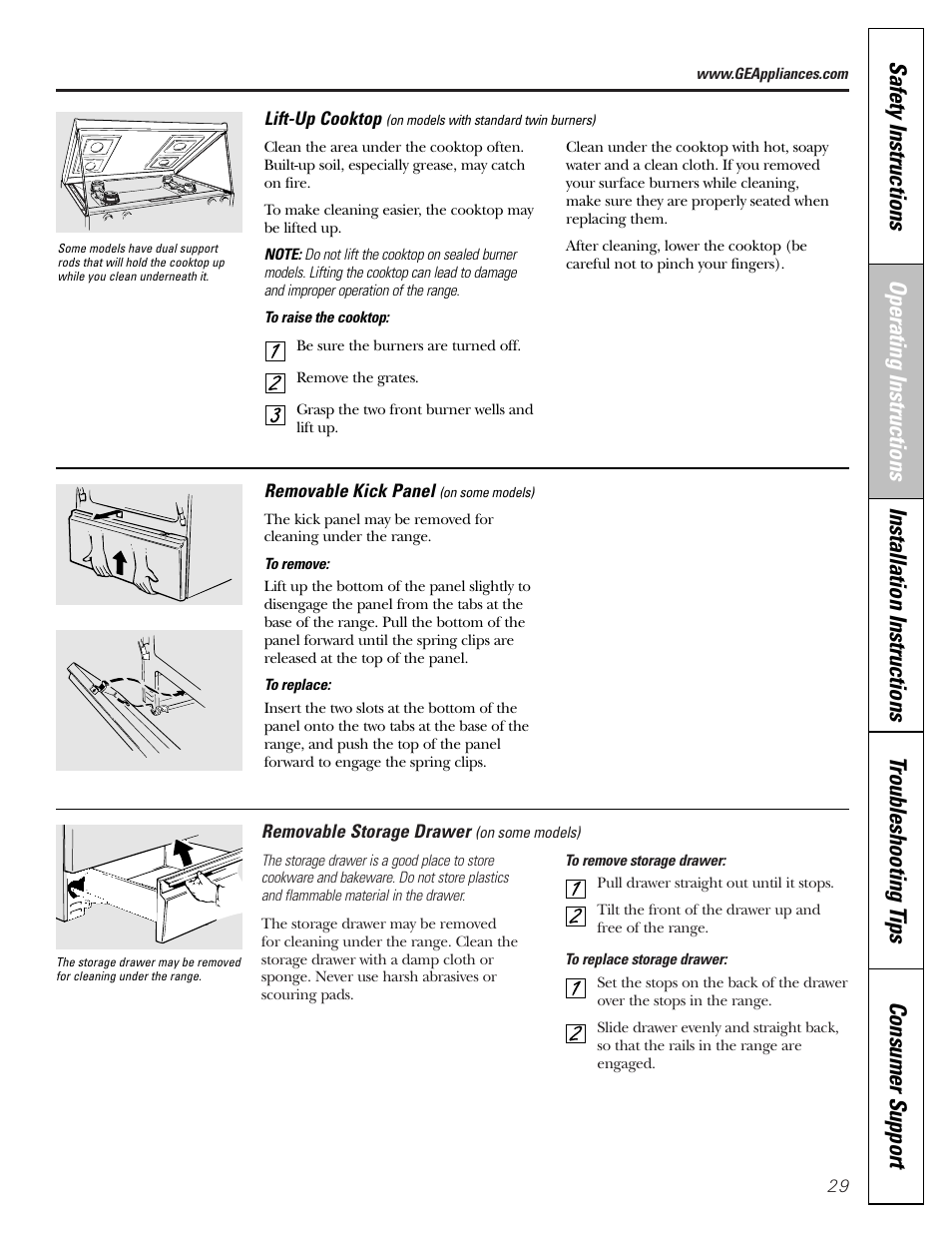 Kick panel, Lift-up cooktop, Storage drawer | Kick panel lift-up cooktop | GE Monogram JGBP29 User Manual | Page 29 / 56