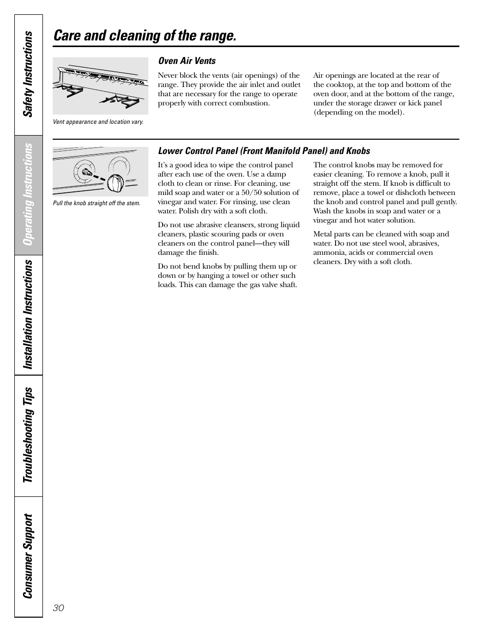 Control panel and knobs, Oven vents, Care and cleaning of the range | GE Monogram JGBP29 User Manual | Page 30 / 56