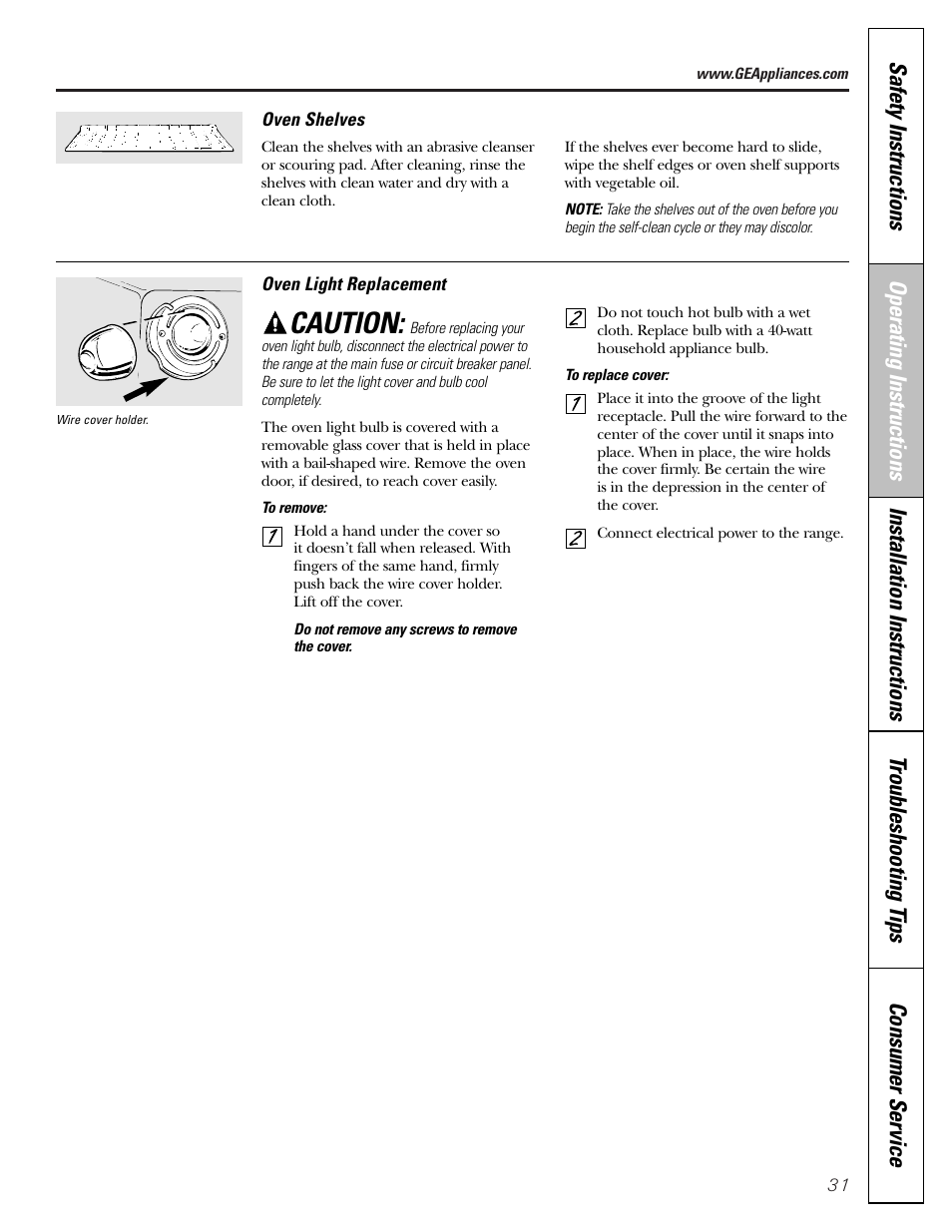 Oven light replacement, Shelves, Caution | GE Monogram JGBP29 User Manual | Page 31 / 56