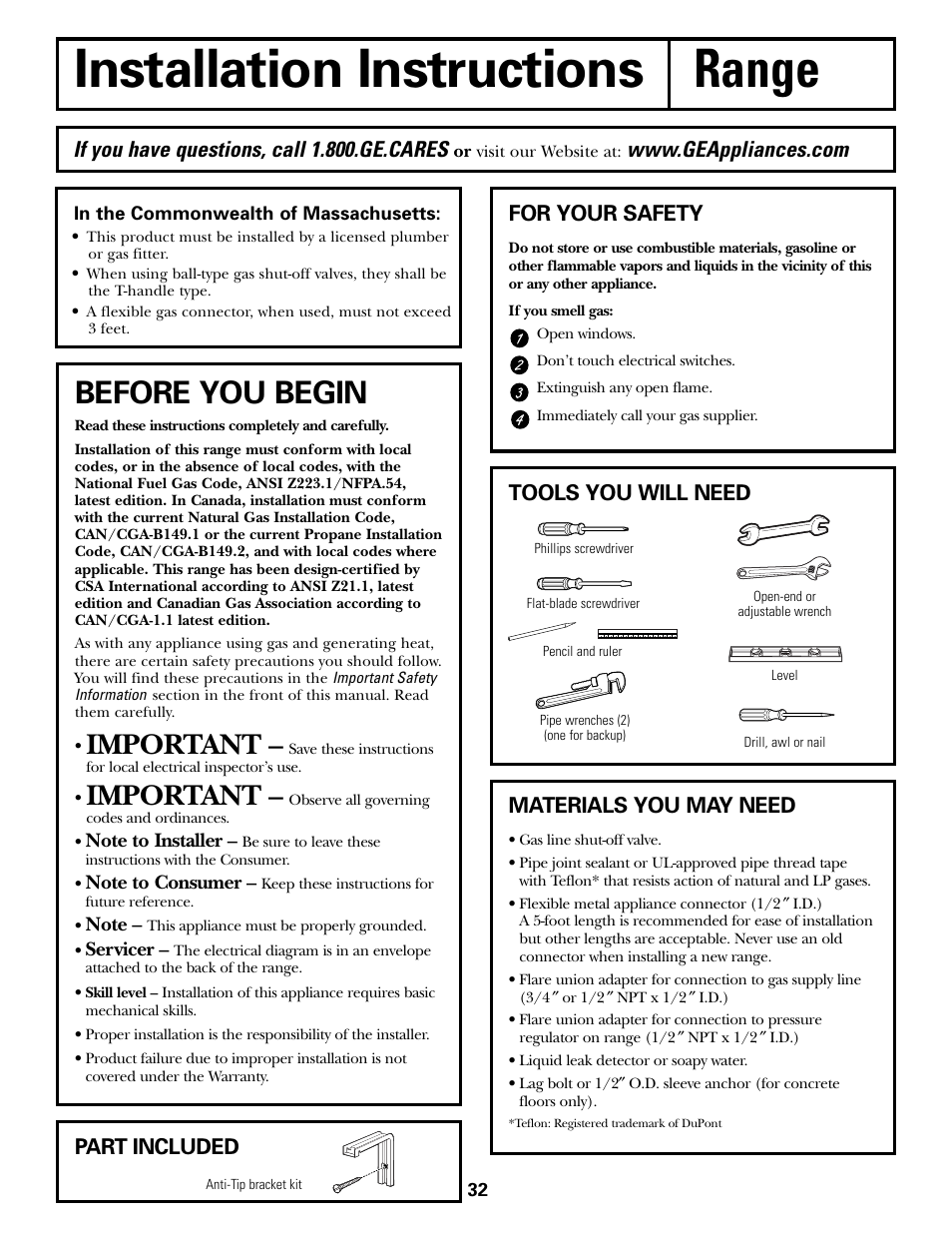 Installation instructions, Installation instructions range, Before you begin | Important, If you have questions, call 1.800.ge.cares, For your safety, Tools you will need materials you may need, Part included | GE Monogram JGBP29 User Manual | Page 32 / 56