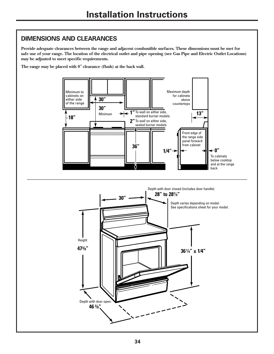 Dimensions and clearances, Dimensions and clearances .34, Installation instructions | GE Monogram JGBP29 User Manual | Page 34 / 56