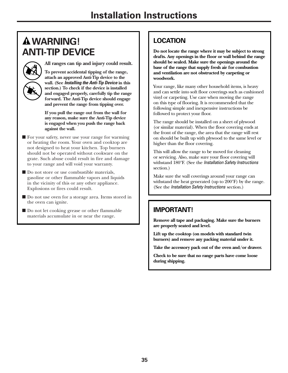 Anti-tip device, Location, Anti-tip device , 43 | Installation instructions warning! anti-tip device, Important | GE Monogram JGBP29 User Manual | Page 35 / 56