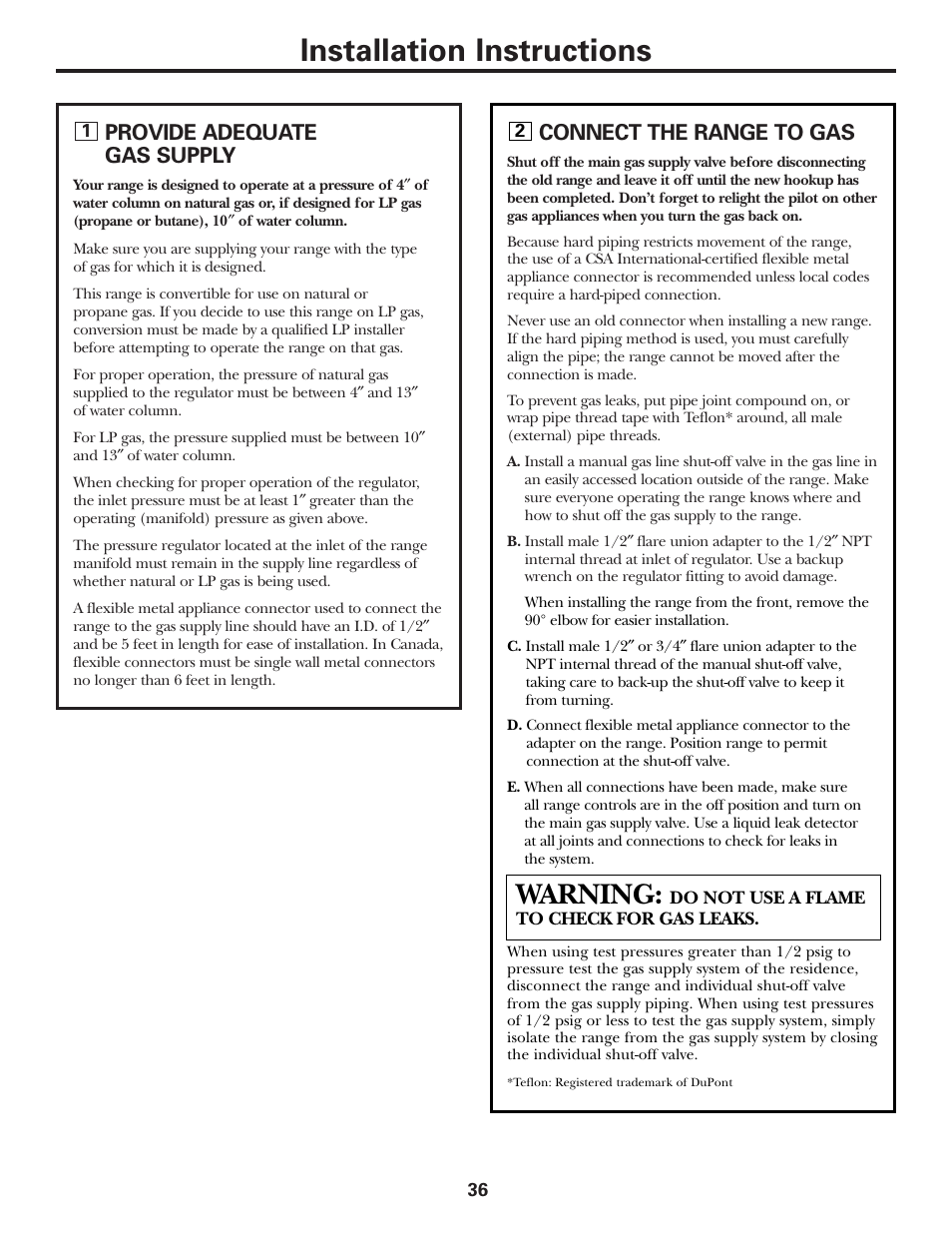 Connecting the range to gas, Connecting the range to gas –39, Installation instructions | Warning, Provide adequate gas supply, Connect the range to gas | GE Monogram JGBP29 User Manual | Page 36 / 56