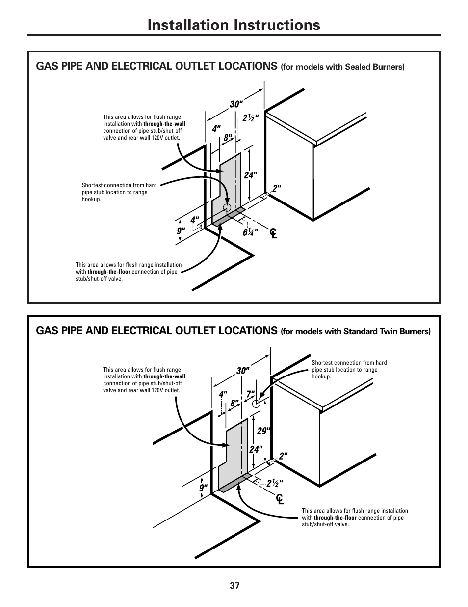 Installation instructions, Gas pipe and electrical outlet locations | GE Monogram JGBP29 User Manual | Page 37 / 56