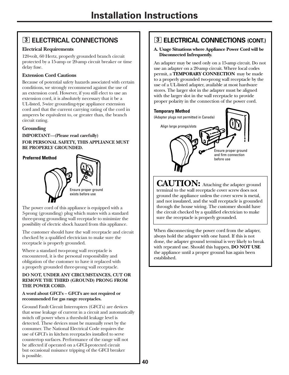 Electrical connections, Electrical connections , 41, Installation instructions | Caution | GE Monogram JGBP29 User Manual | Page 40 / 56