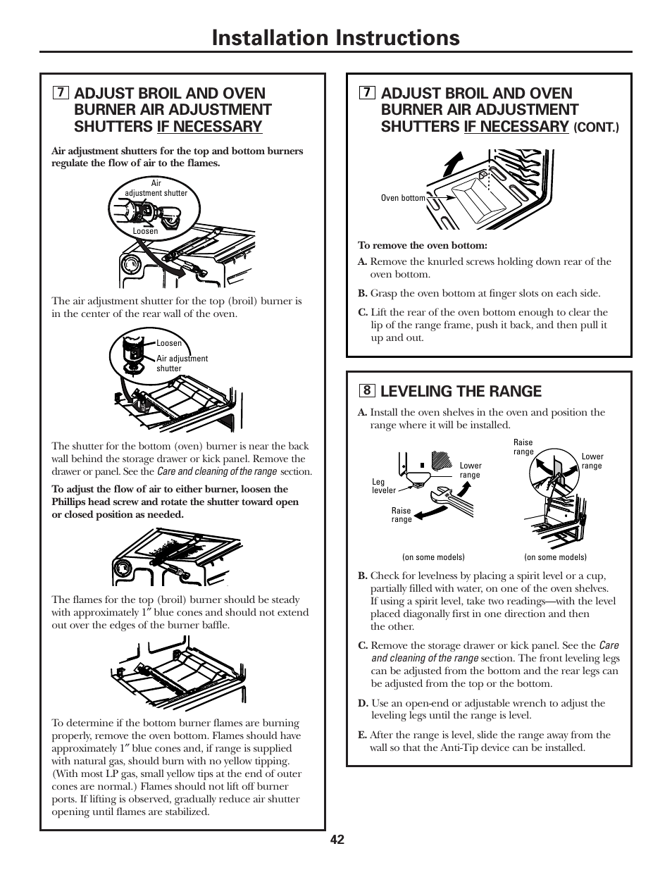 Air adjustment, Leveling the range, Installation instructions | GE Monogram JGBP29 User Manual | Page 42 / 56