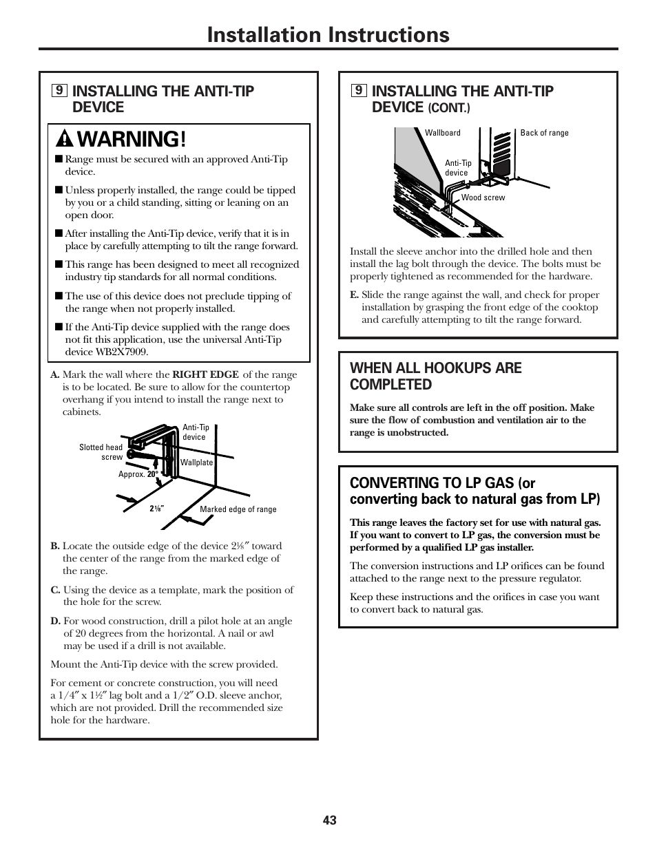 Installation instructions, Warning, Installing the anti-tip device | When all hookups are completed | GE Monogram JGBP29 User Manual | Page 43 / 56