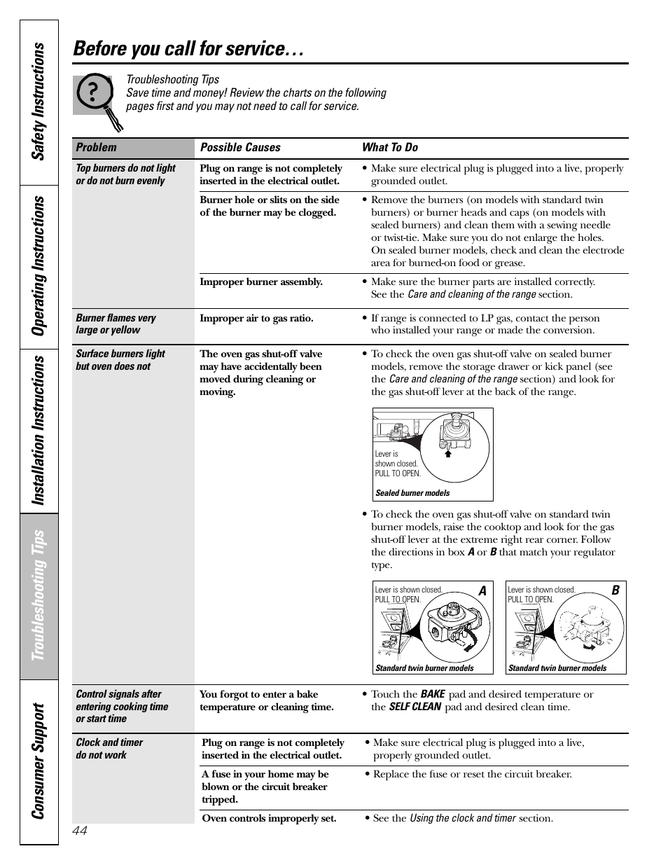 Troubleshooting tips, Before you call for service | GE Monogram JGBP29 User Manual | Page 44 / 56